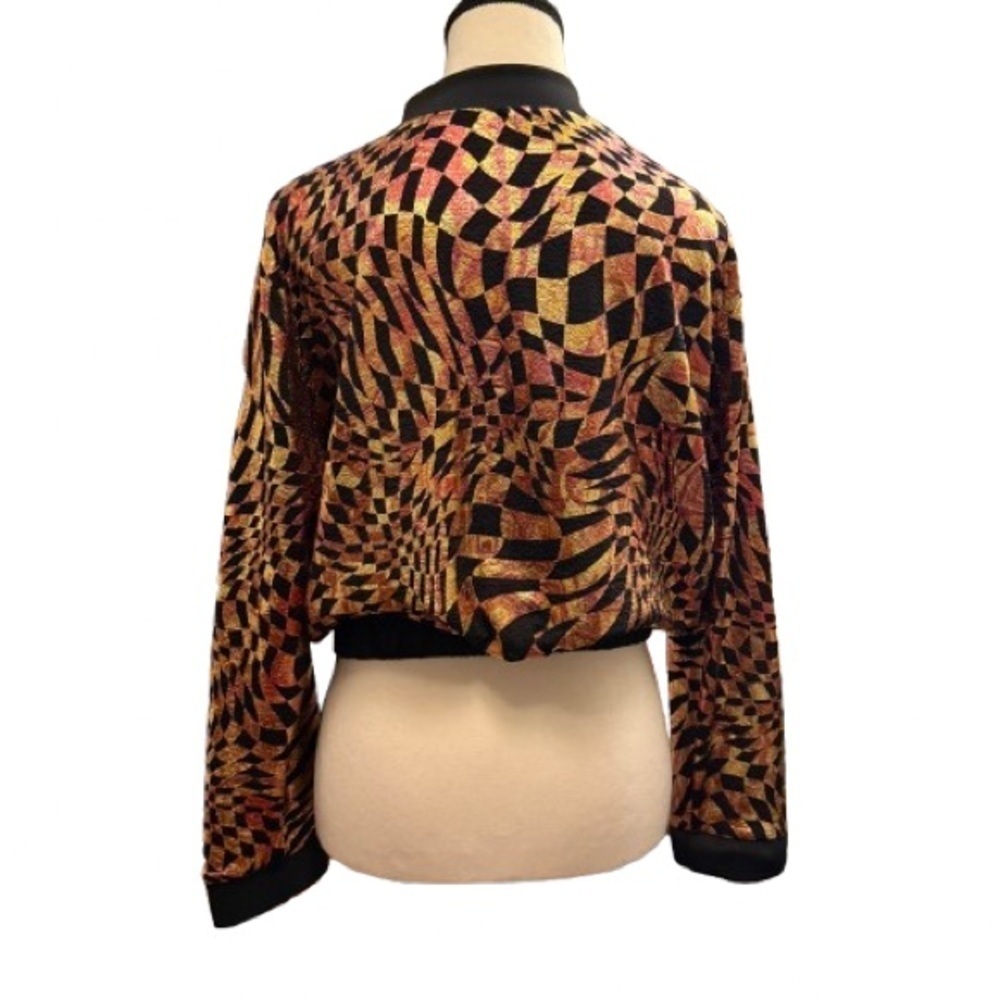Vintage 80s Metallic womens Bomber Jacket Psychedelic Illusion Print Black Gold - Picture 11 of 11